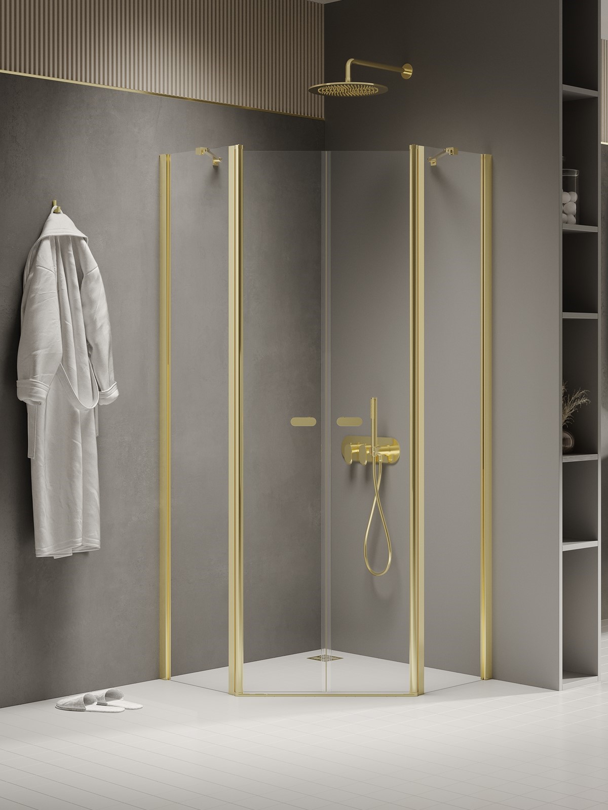NEW SOLEO Light Gold két ajtós ötszögletű zuhanykabin